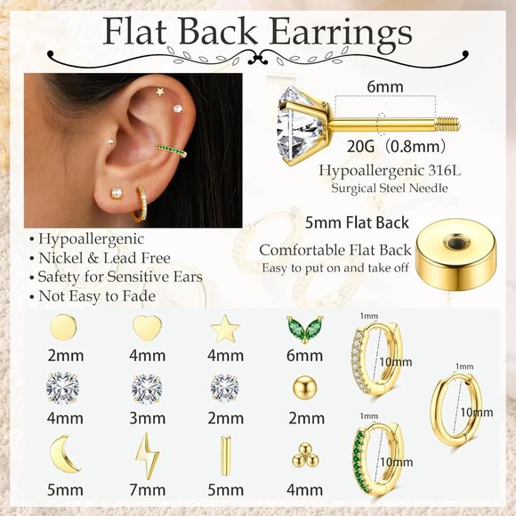 15 Pairs Gold & Steel Flat Back Hypoallergenic Stud & Hoop Earrings Set for Sens - Picture 3 of 6